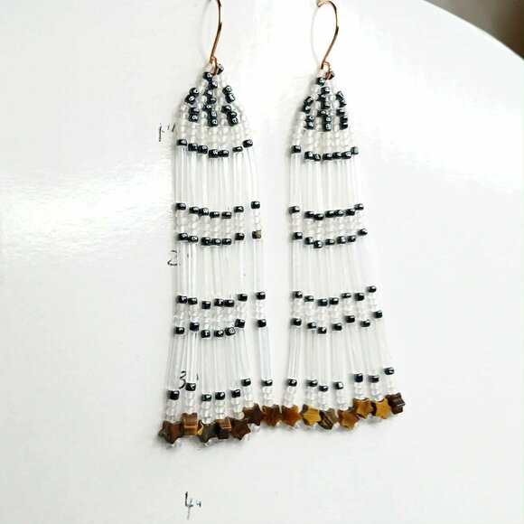 Beaded Fringe Dangle Earrings, Tigers Eye Stars, 3.5" - Picture 6 of 6
